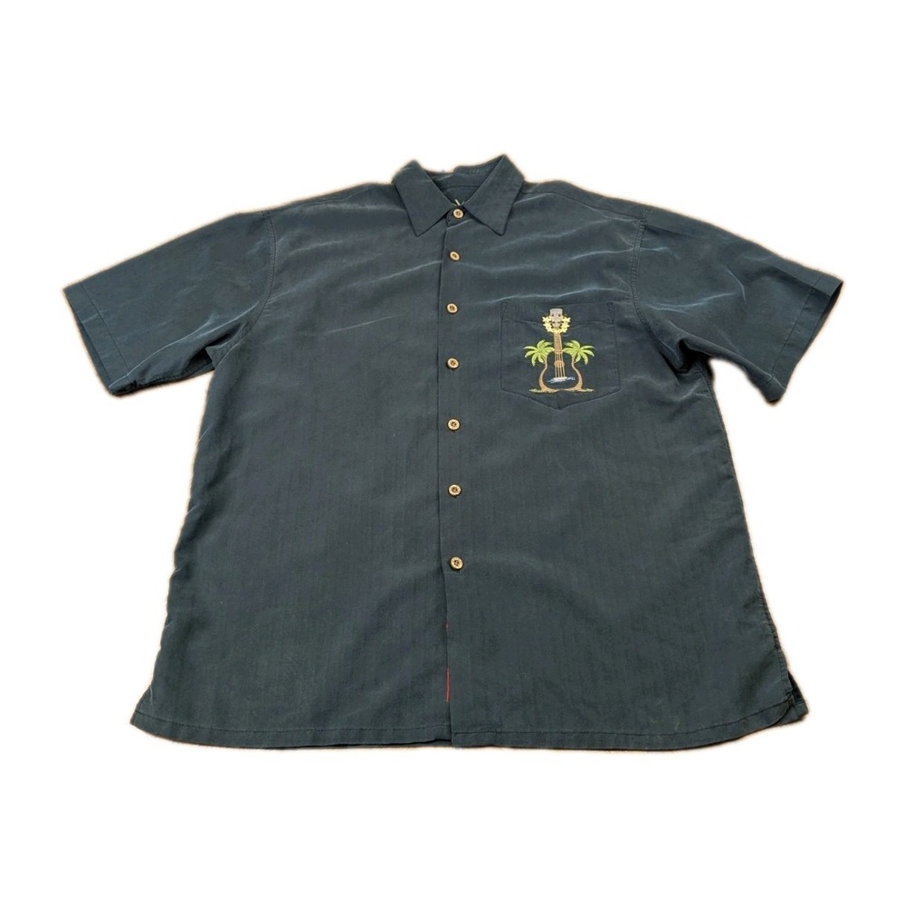 VINTAGE Bamboo Cay Shirt Adult Black Hawaiian Floral Guitar Paradise Tunes RARE